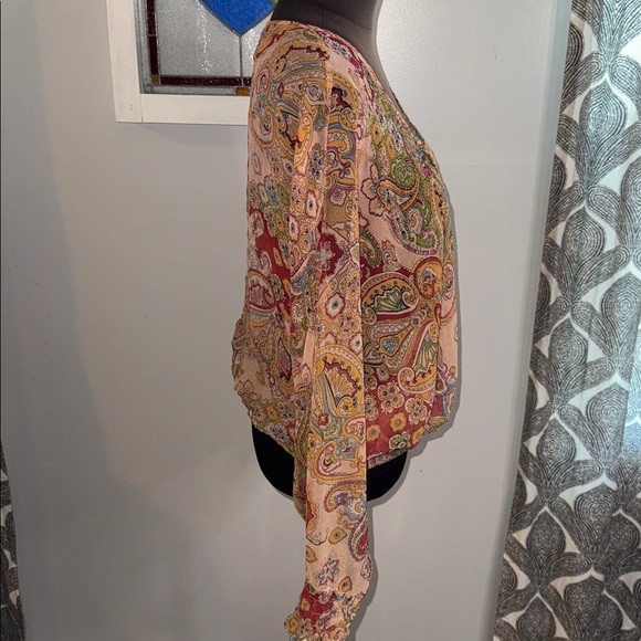 Express Y2K 100% Silk Sheer Open Front Wrap Style Paisley Blouse SZ Small - Picture 7 of 9